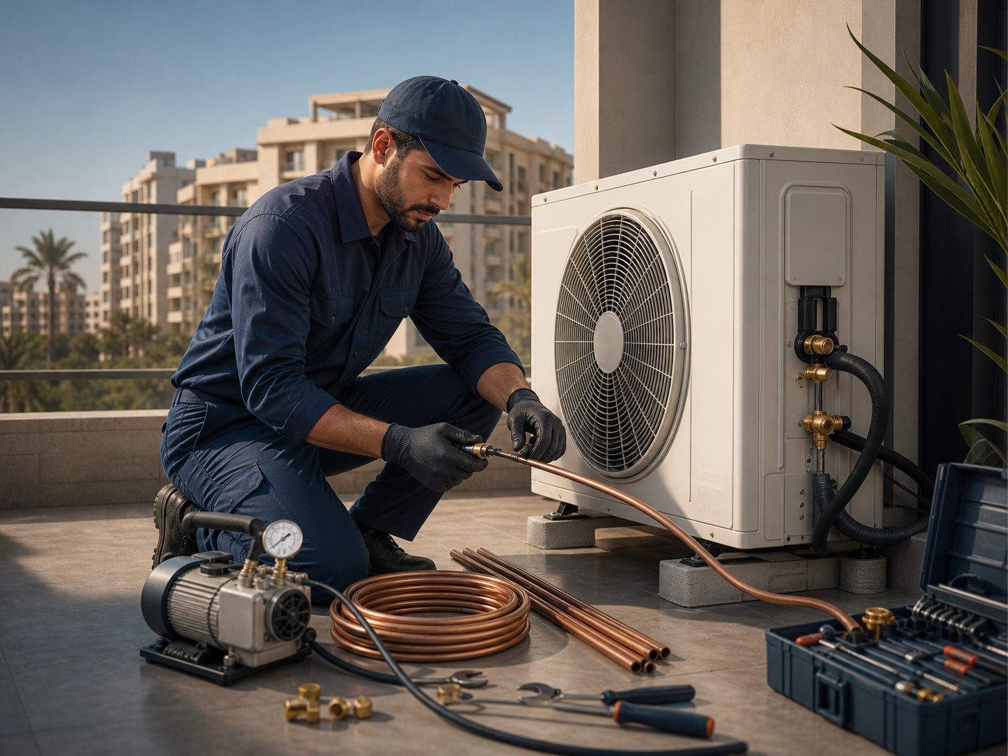 Organized AC installation tools and copper piping beside an outdoor unit